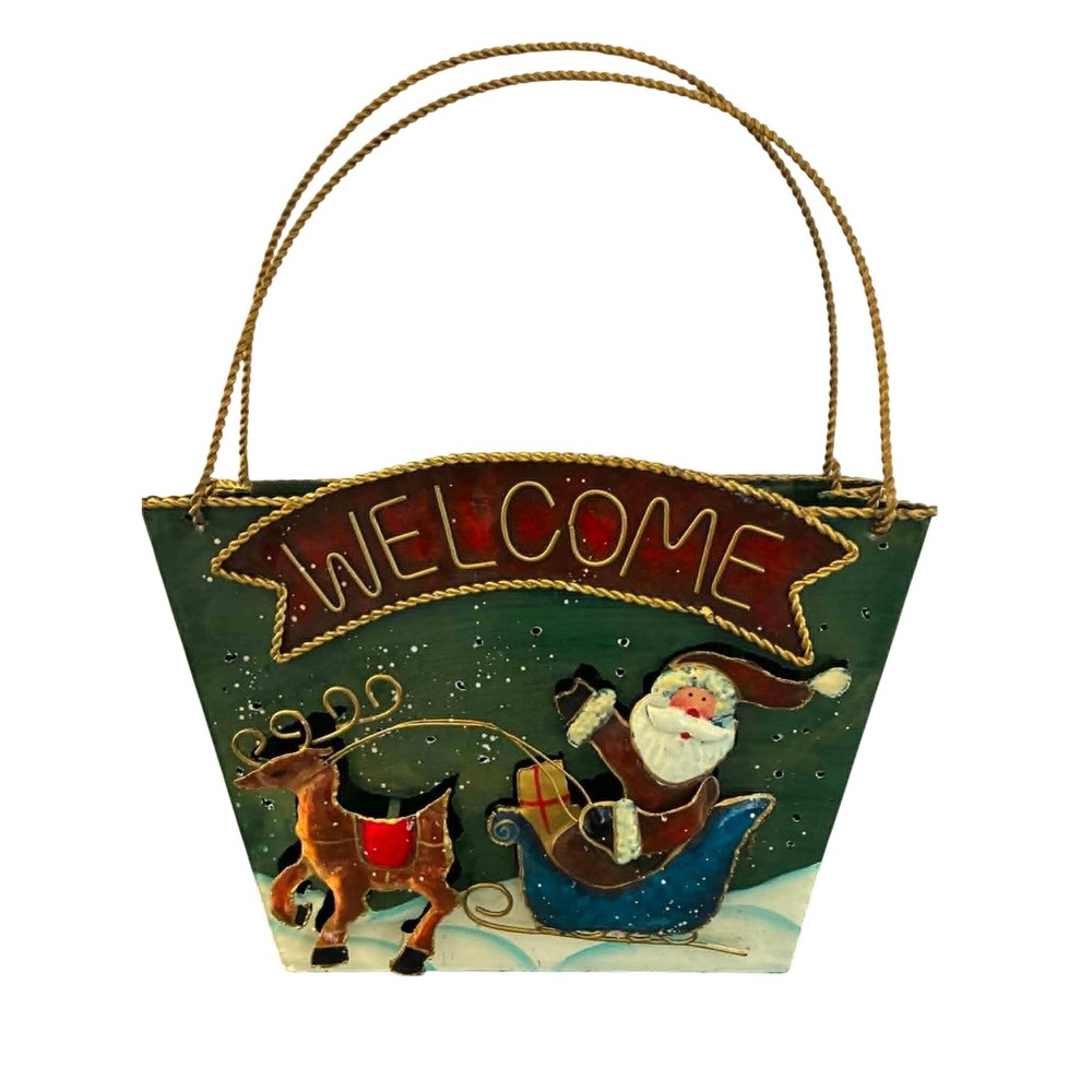 Metal Santa Wall Pocket‎ Hanging Basket 9.5in Green Gold Christmas Holiday Decor